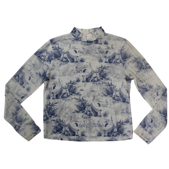 Daily Special Mesh Long Sleeve Mock Neck Top Blue White Toile Print XL - Picture 1 of 7